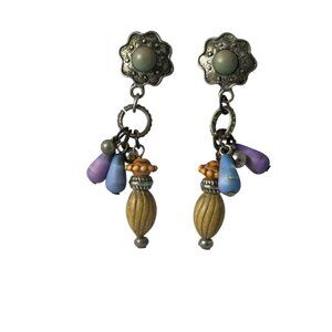 Boho Dangle Earrings Mixed Beads Purple Blue Wood Drops Vintage Style